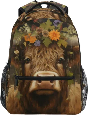Backpack Highland Cow Garland Wooden Daypack Shoulder Bag Book Bag Lightweight Back Pack 11.4 ×16 In