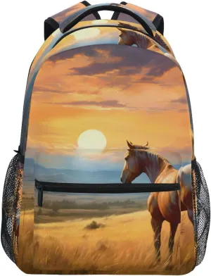 Backpack Landscape Horse Grassland Daypack Shoulder Bag Book Bag Lightweight Back Pack 11.4 ×16 In