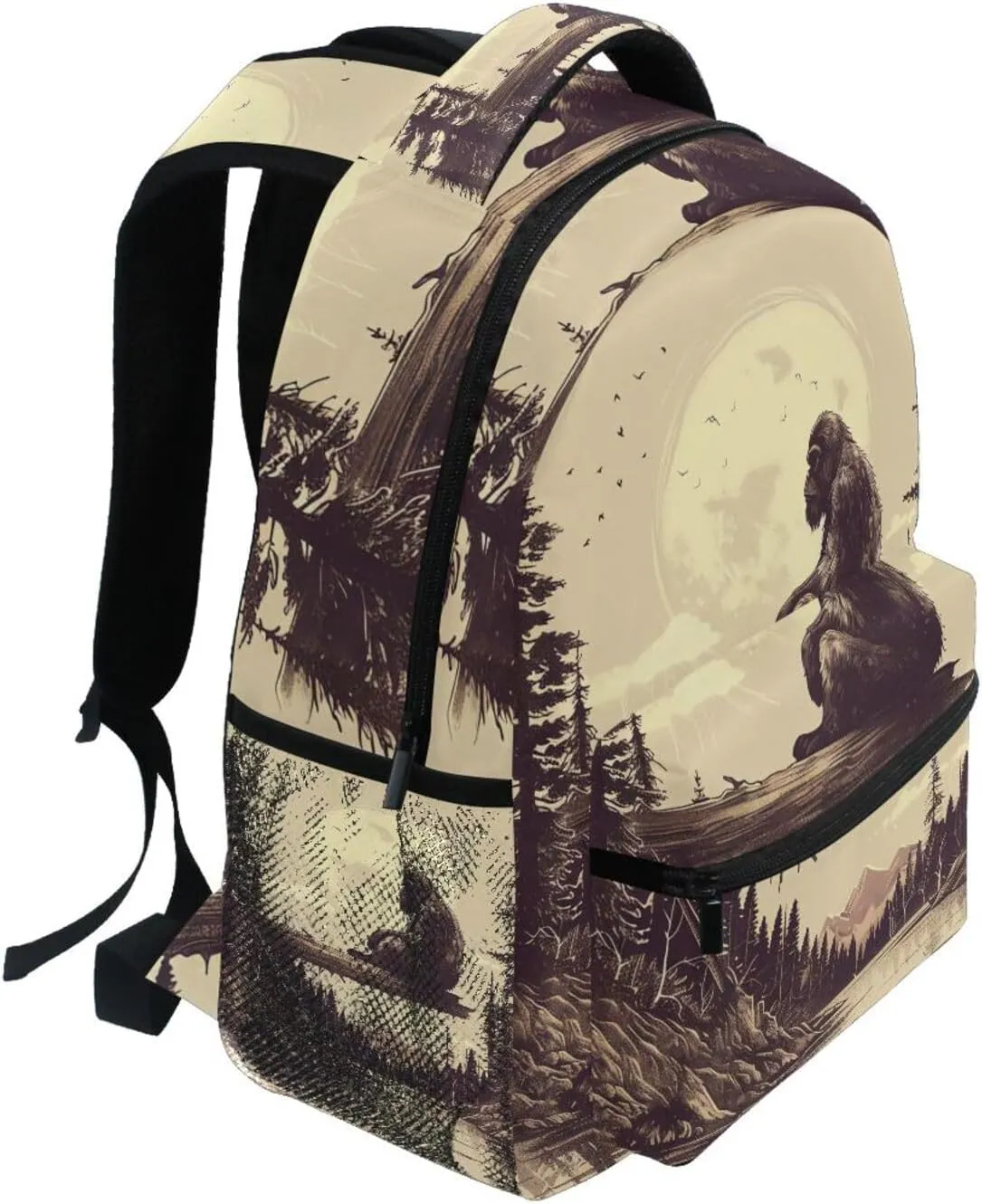 Backpack Sasquatch Full Moon Log Daypack Shoulder Bag Book Bag Lightweight Back Pack 11.4 ×16 In