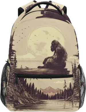 Backpack Sasquatch Full Moon Log Daypack Shoulder Bag Book Bag Lightweight Back Pack 11.4 ×16 In