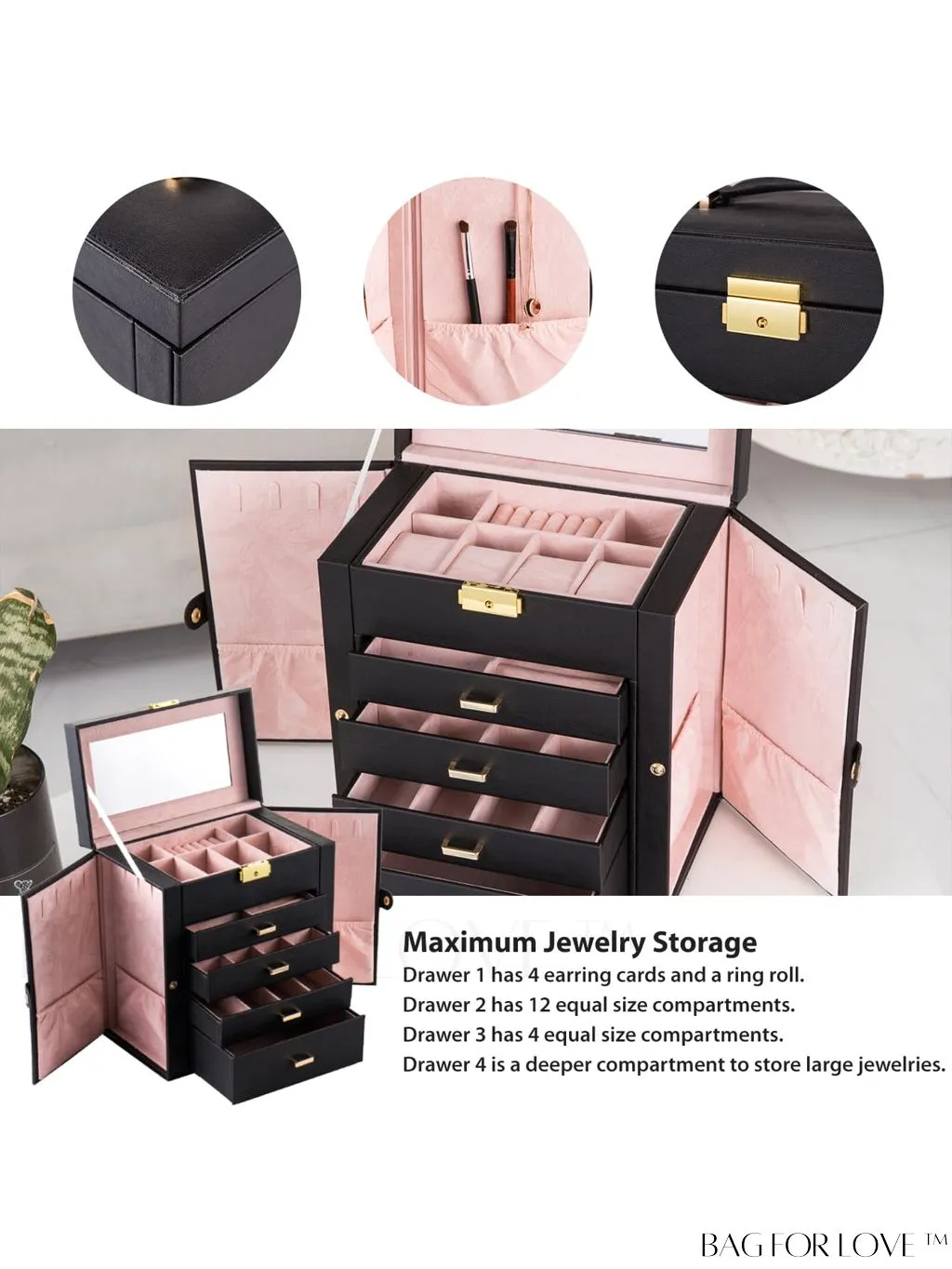 BagForLove - 5-Layer European Style Jewelry Storage Case with Mirror - Ideal for Womens Accessories - Black