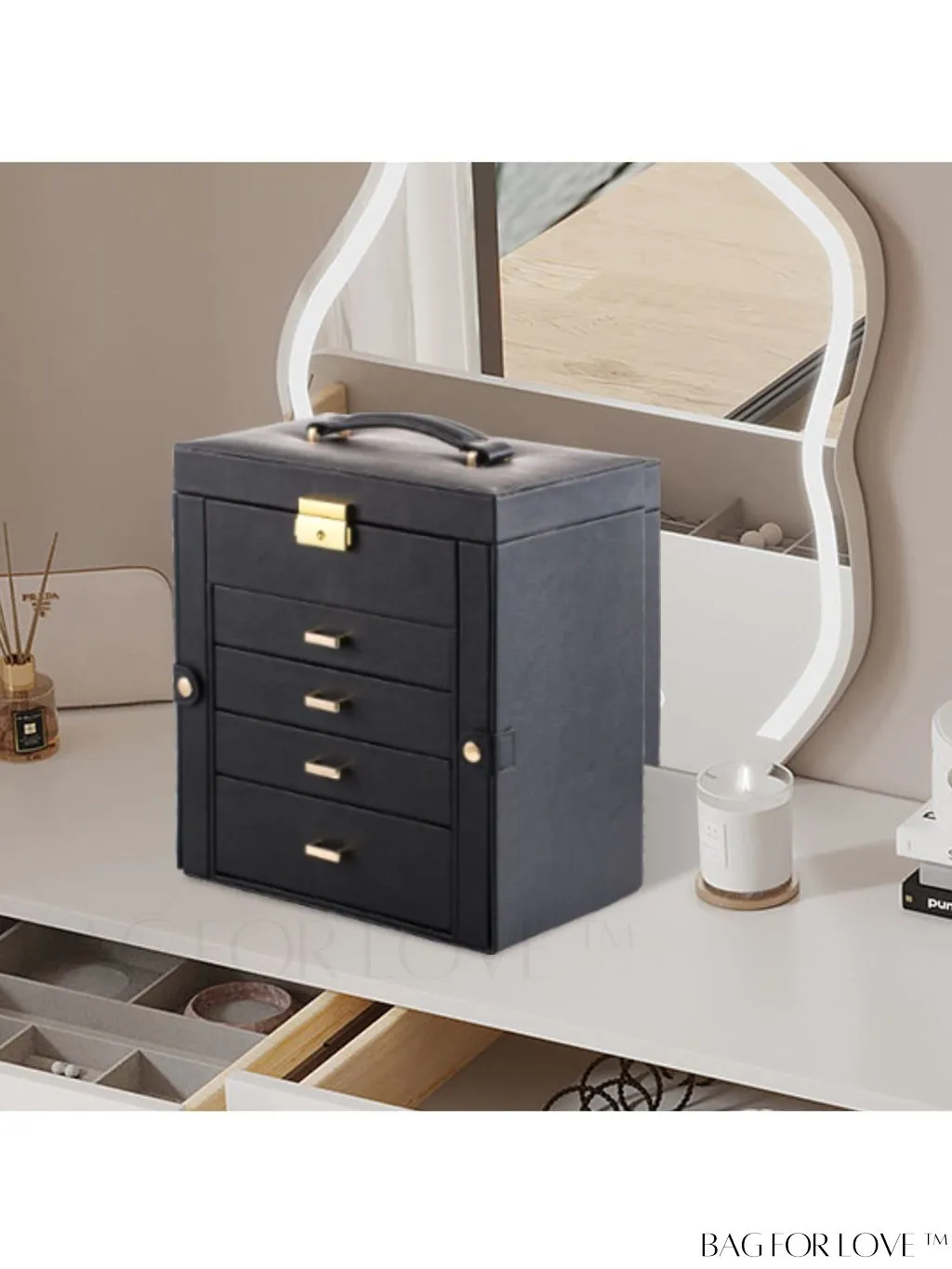 BagForLove - 5-Layer European Style Jewelry Storage Case with Mirror - Ideal for Womens Accessories - Black