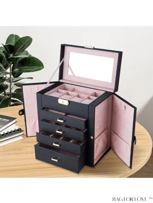 BagForLove - 5-Layer European Style Jewelry Storage Case with Mirror - Ideal for Womens Accessories - Black