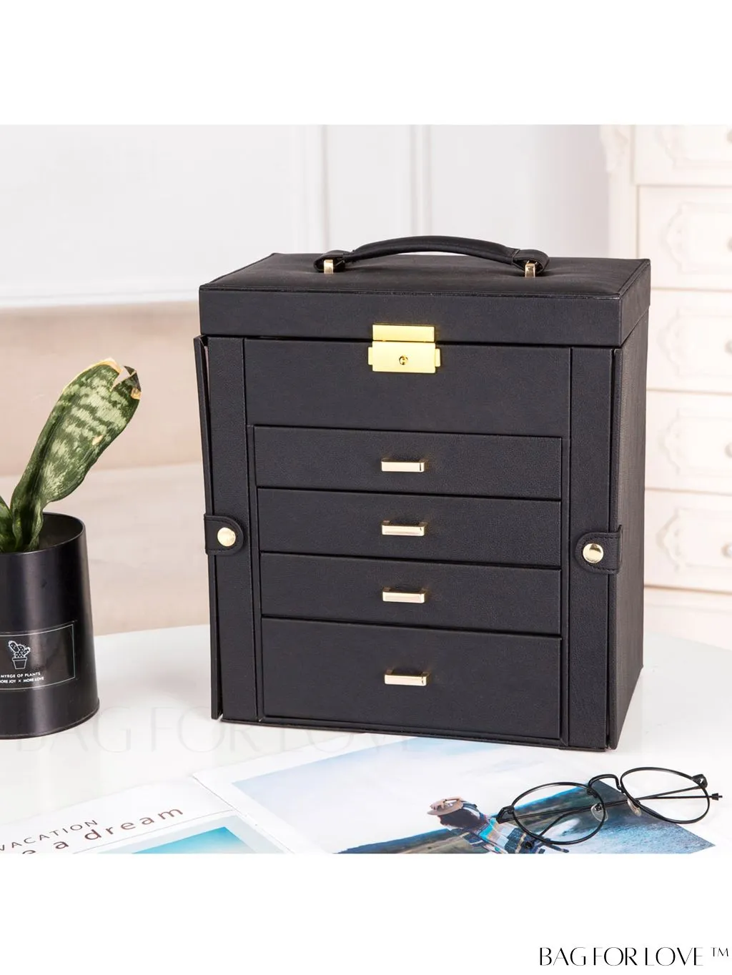 BagForLove - 5-Layer European Style Jewelry Storage Case with Mirror - Ideal for Womens Accessories - Black
