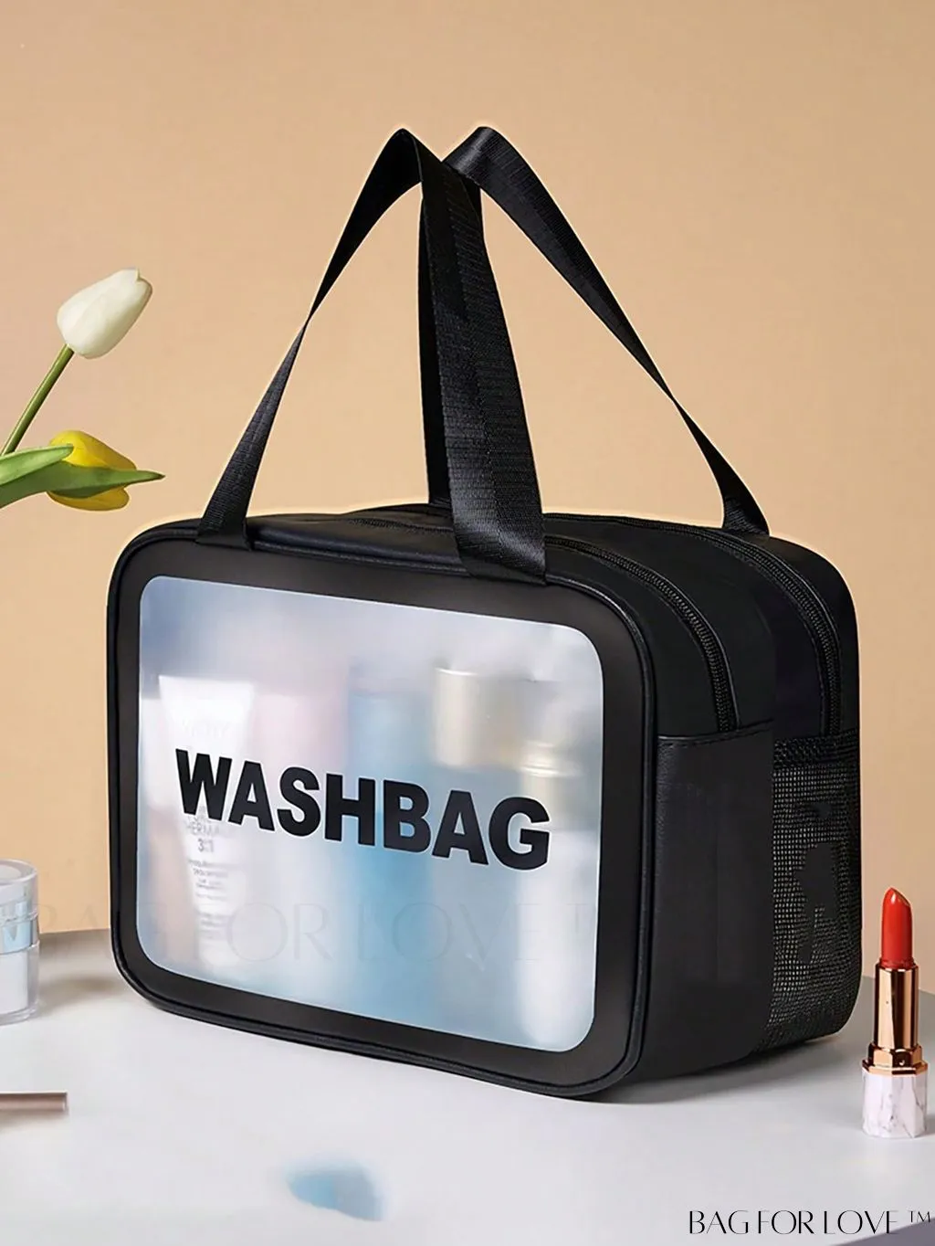 BagForLove - Double Layer PU Toiletry Bag with Stylish Letter Graphic Design