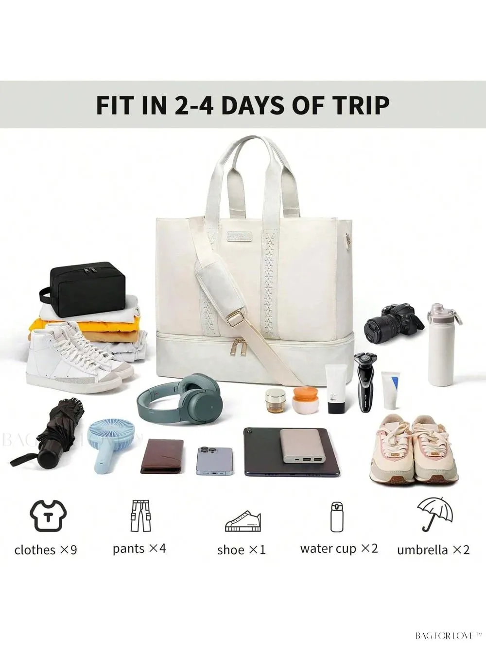 BagForLove - Large Tote Bag with Zipper for Woman's Travel Essentials