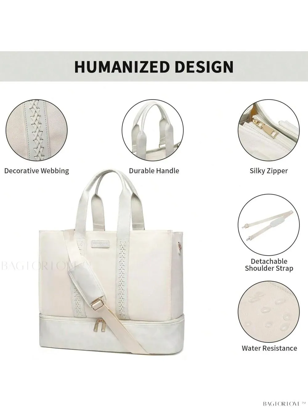 BagForLove - Large Tote Bag with Zipper for Woman's Travel Essentials