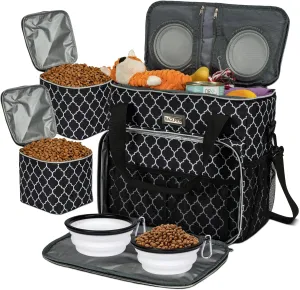 BAGLHER Dog Travel Bag, Pet Travel Bag (ALL Pet Travel Supplies), With 2 Pet Food Containers and 2 Collapsible Silicone Bowls; Essential Kits for Pet Travel DLblack