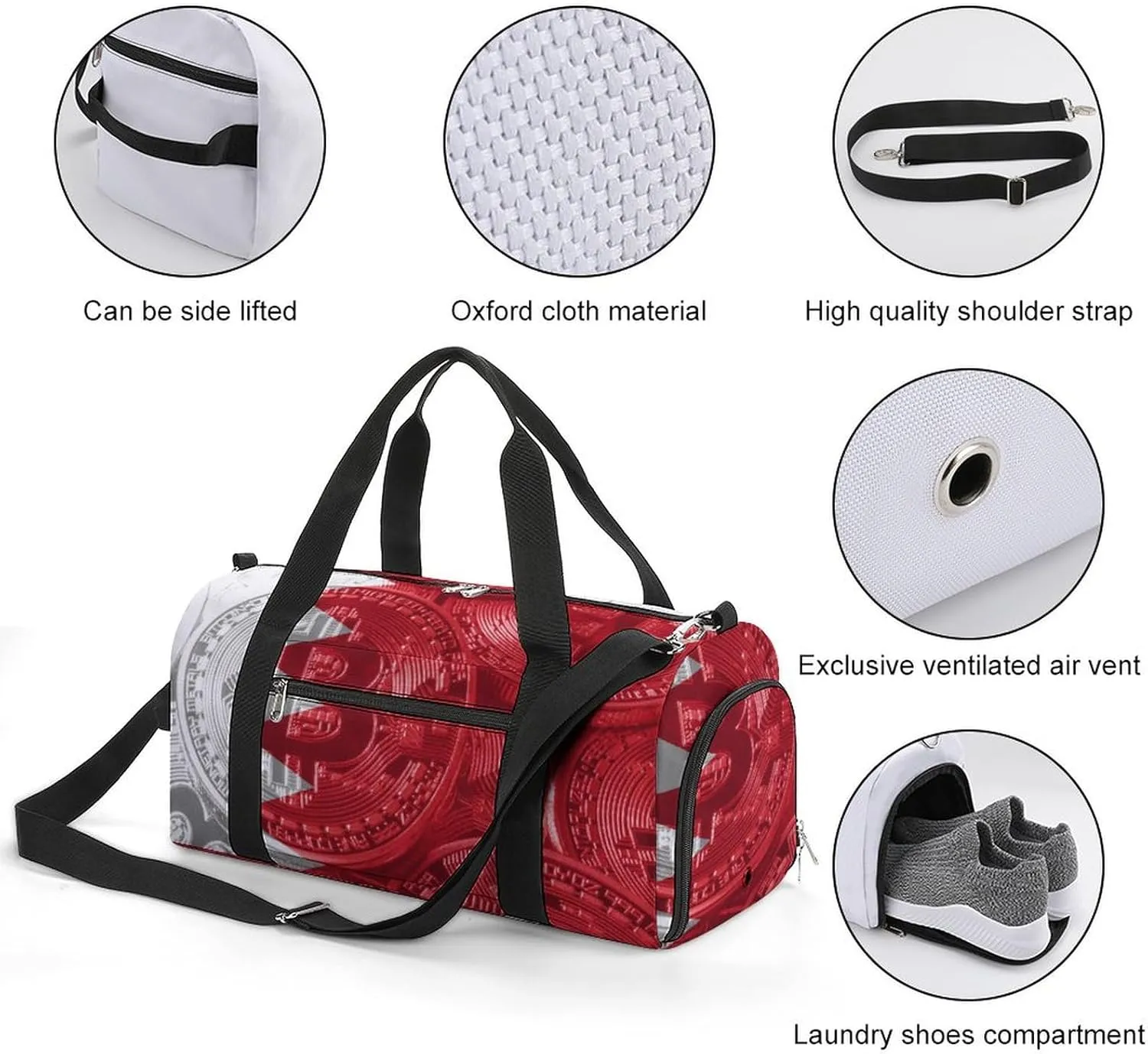 Bahrain Flag Bitcoin Gym Duffel Bag Waterproof with Shoe Compartment for Sports