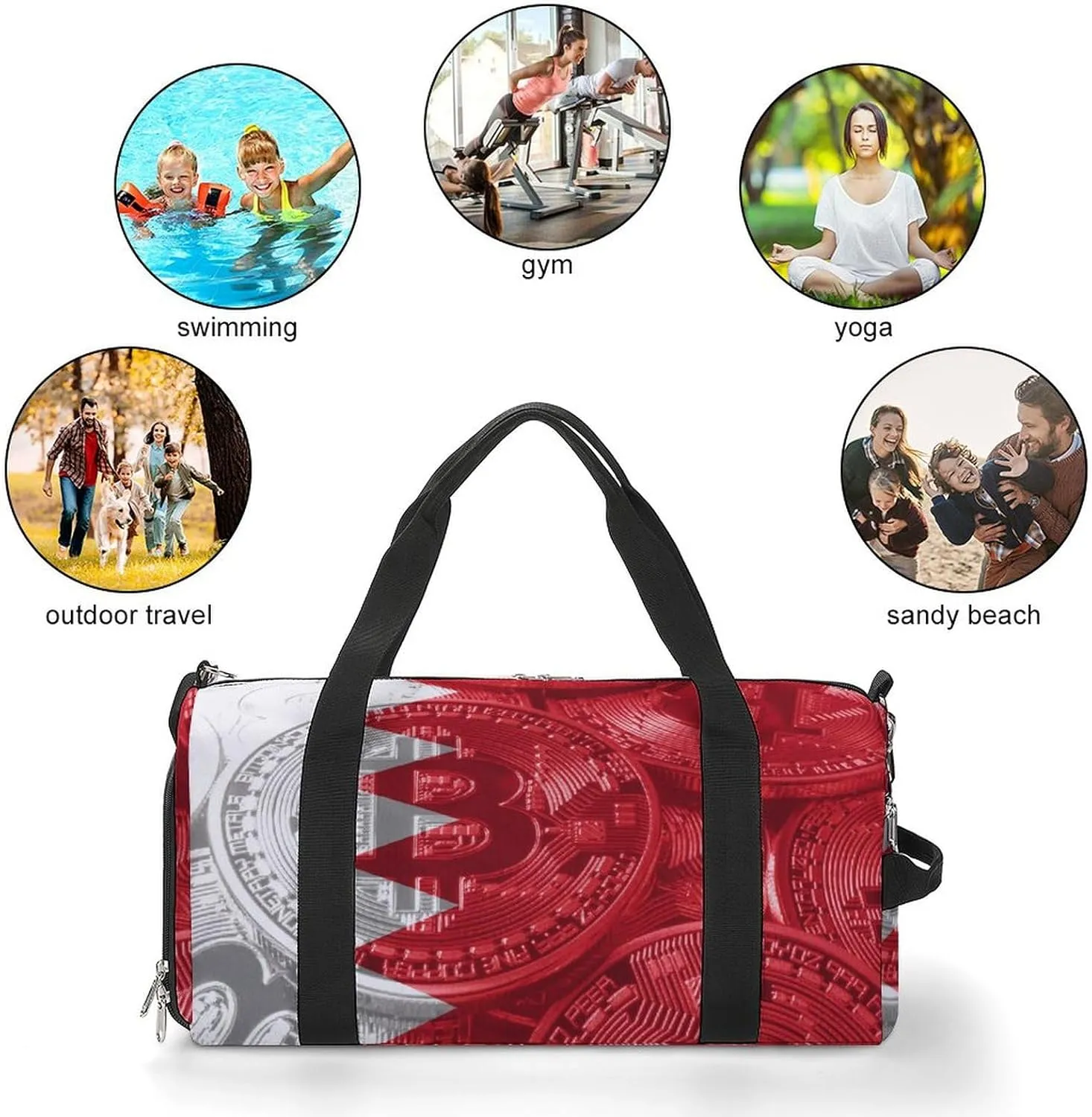 Bahrain Flag Bitcoin Gym Duffel Bag Waterproof with Shoe Compartment for Sports