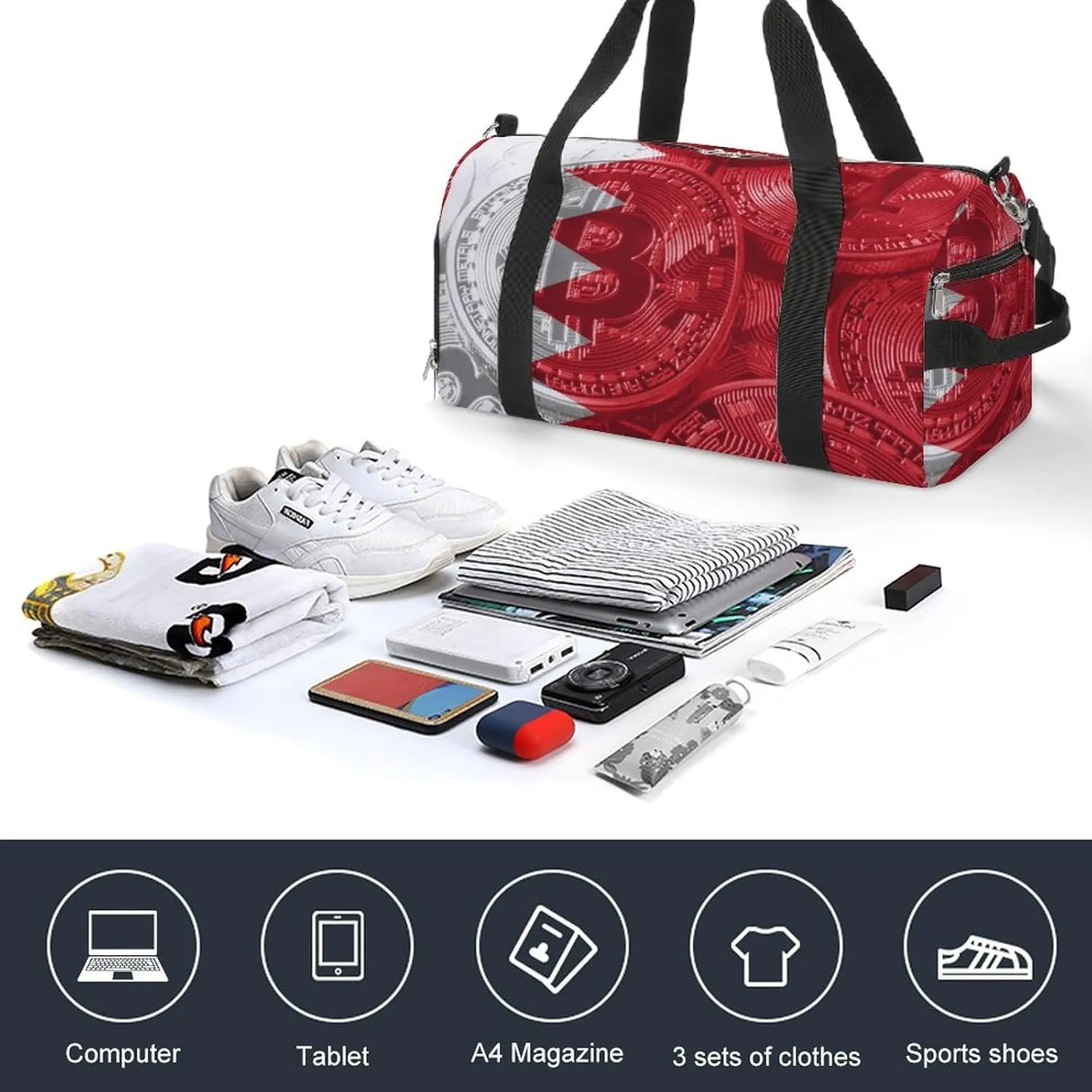 Bahrain Flag Bitcoin Gym Duffel Bag Waterproof with Shoe Compartment for Sports