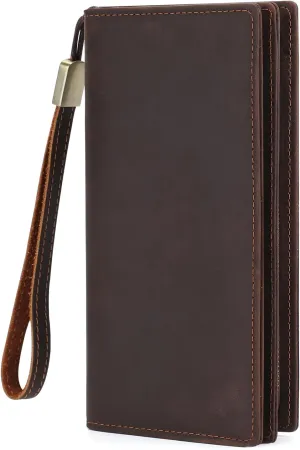 BAIGIO Genuine Leather Long Wallet for Men Bifold Wallet RFID Blocking Multi Card Purse with Zipper Wallet for Men Brown