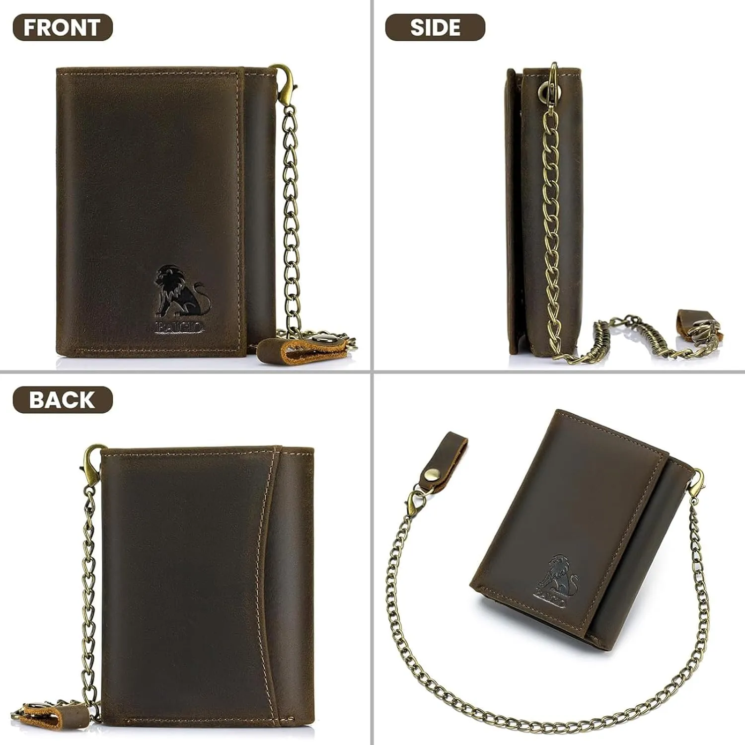 BAIGIO Men Wallet with Chain Genuine Leather Wallet for Men RFID Blocking Trifold Wallet Father's Gift