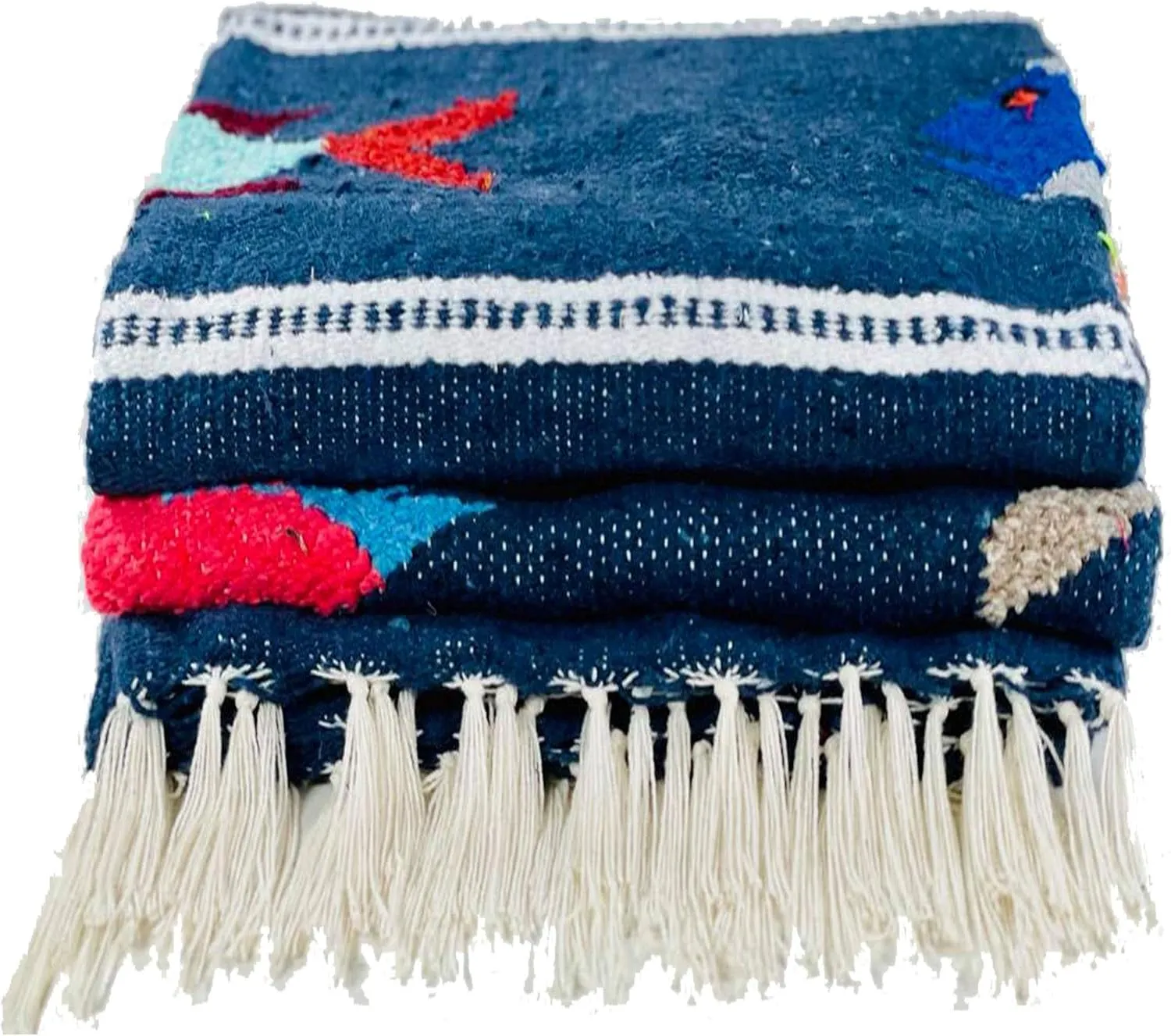 Baja Trader Serape Mexican Blanket, Yoga Mat, Camping Blanket, Beach Blanket, Picnic Blanket, Handmade Woven Throw Blanket, Home Decor, Car Blanket (Fish) (Navy Blue)