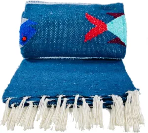 Baja Trader Serape Mexican Blanket, Yoga Mat, Camping Blanket, Beach Blanket, Picnic Blanket, Handmade Woven Throw Blanket, Home Decor, Car Blanket (Fish) (Navy Blue)