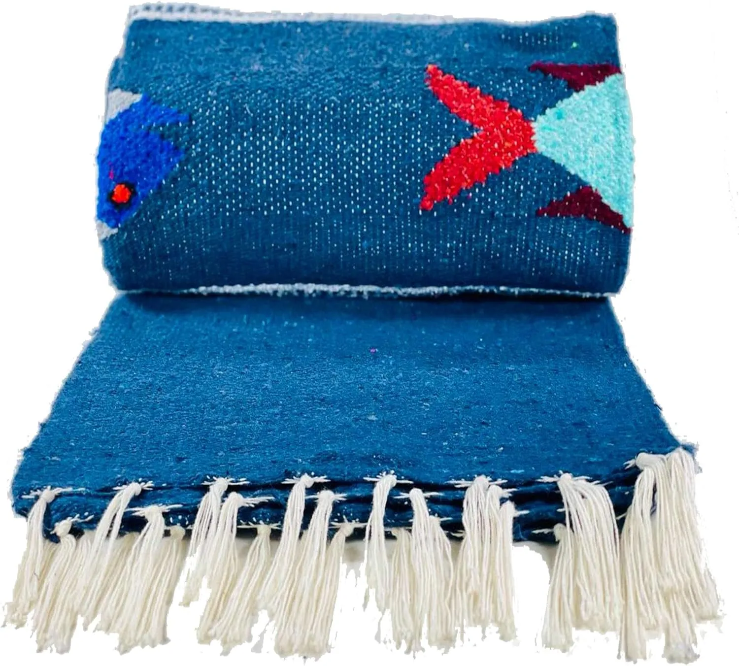 Baja Trader Serape Mexican Blanket, Yoga Mat, Camping Blanket, Beach Blanket, Picnic Blanket, Handmade Woven Throw Blanket, Home Decor, Car Blanket (Fish) (Navy Blue)
