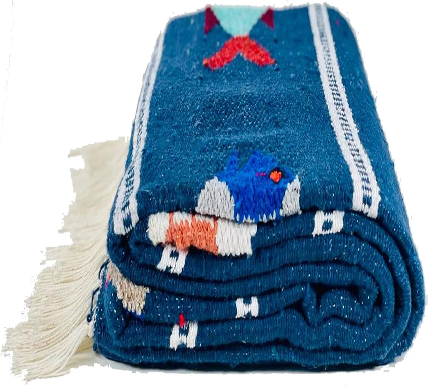 Baja Trader Serape Mexican Blanket, Yoga Mat, Camping Blanket, Beach Blanket, Picnic Blanket, Handmade Woven Throw Blanket, Home Decor, Car Blanket (Fish) (Navy Blue)