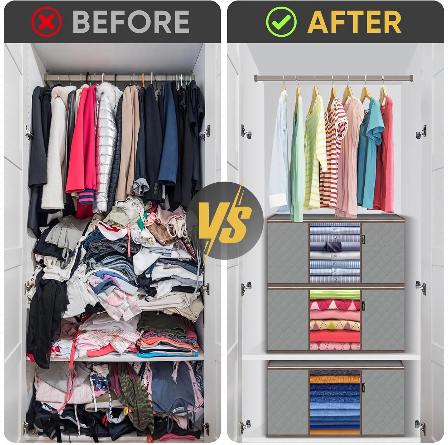 BALEINE 2 Pack Clothes Storage Bags, 24 Gallon Storage Containers with Reinforced Handle, Sturdy Zipper, Closet Organizer for Blanket, Comforter, Pillow, Bedding (Grey, 2 Pack)