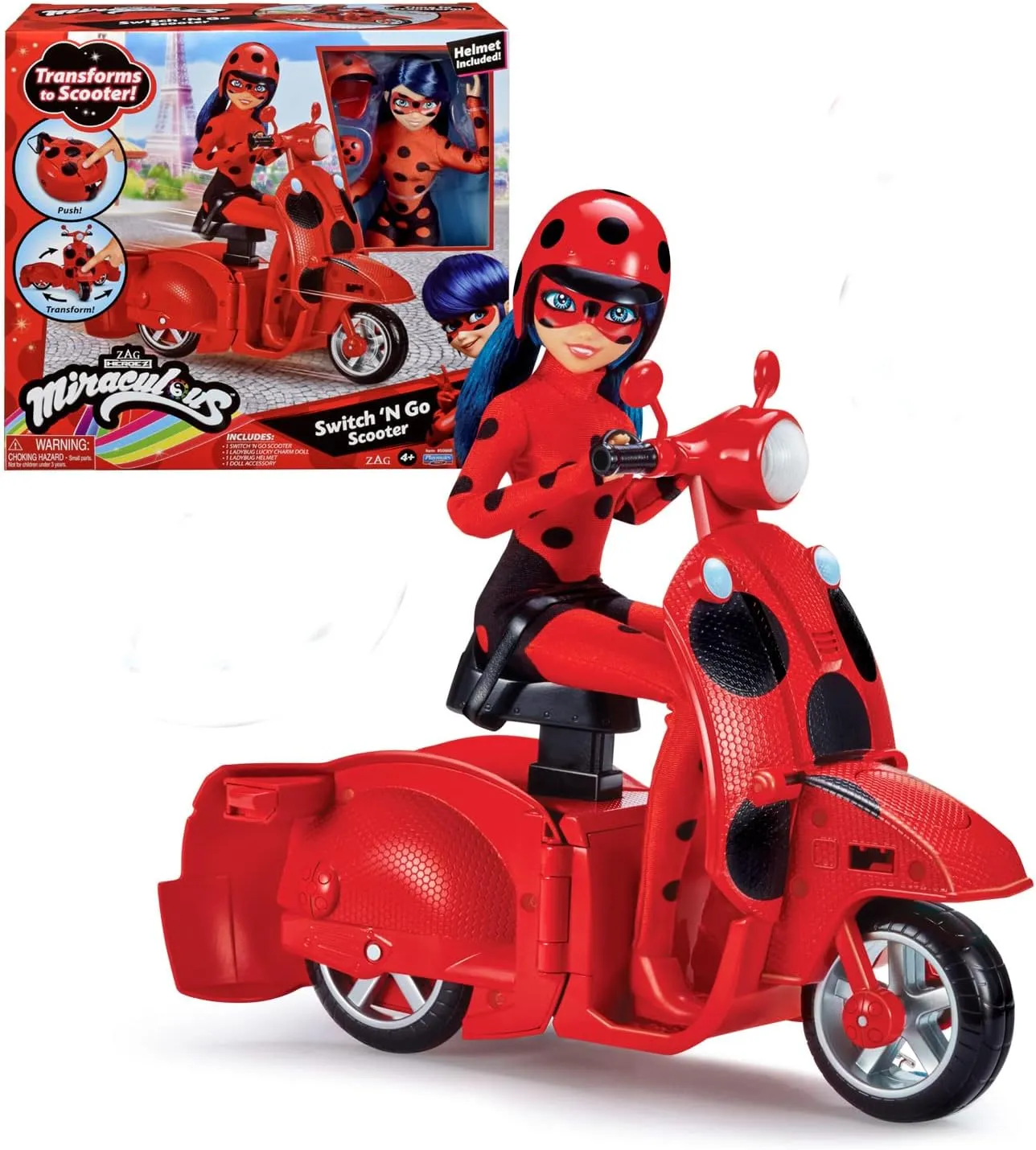 BANDAI Miraculous Ladybug Switch N Go Scooter and Fashion Doll Playset | 26cm Transming Accessories Miraculous: Tales of Cat Noir Toys (P50668)