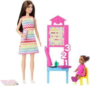 Barbie Teacher Doll with Brunette Fashion Doll with Printed Dress, 1 Toddler Doll, & Teaching Accessories