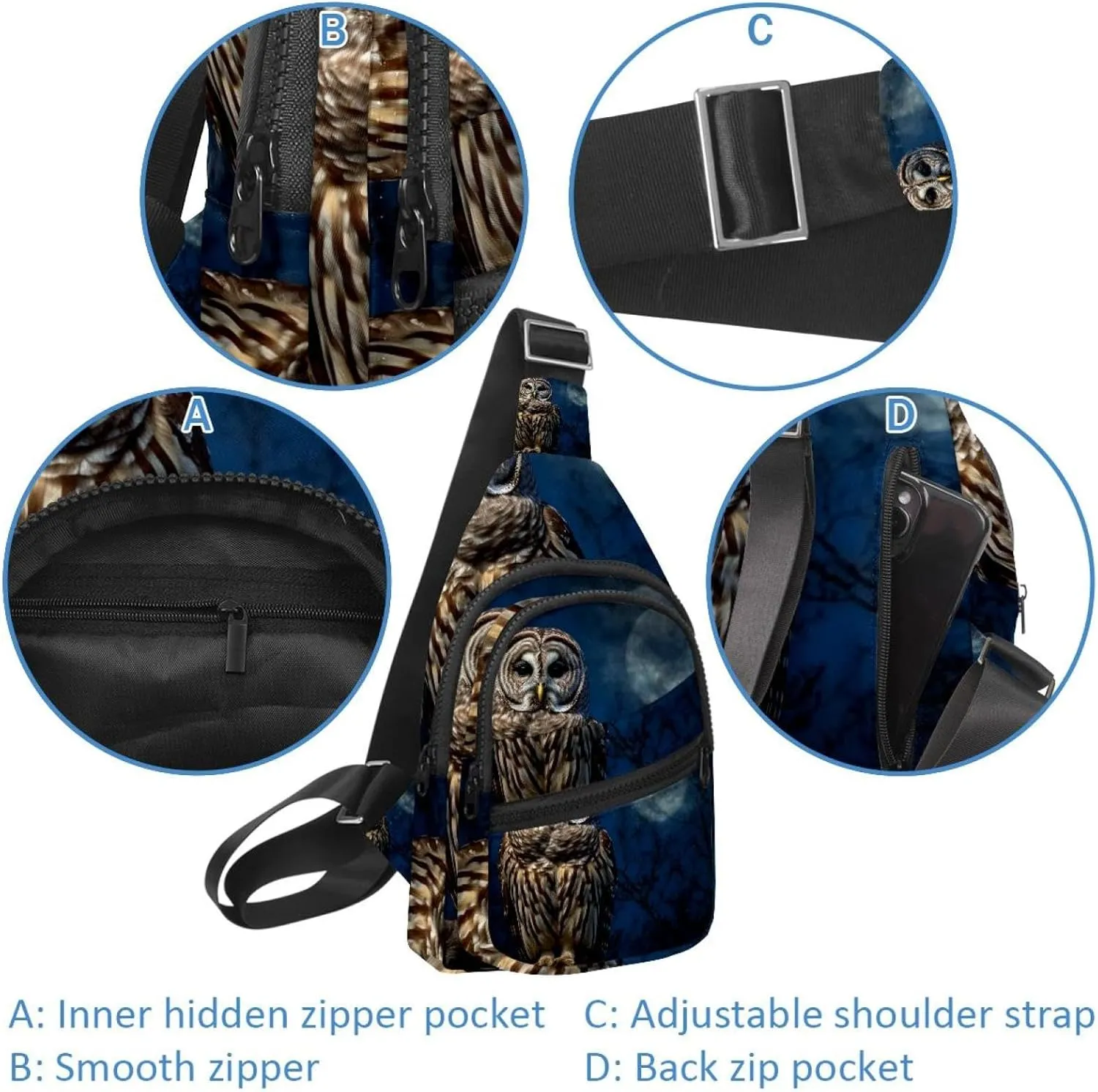 Barred Owl Sits Motionless in the Blue Moonlight Sling Backpack, Adjustable Crossbody Shoulder Bag Travel Hiking Daypack