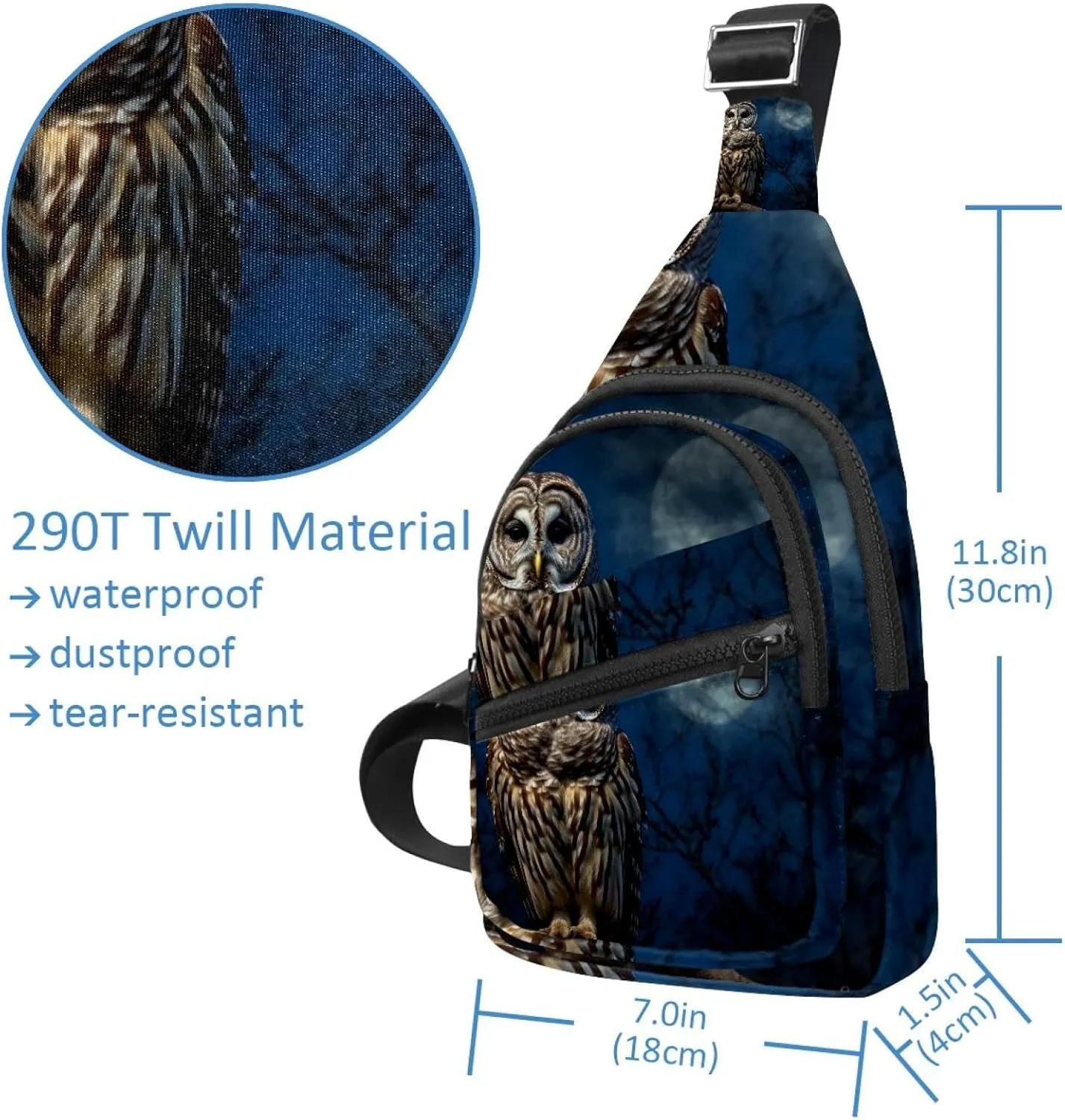 Barred Owl Sits Motionless in the Blue Moonlight Sling Backpack, Adjustable Crossbody Shoulder Bag Travel Hiking Daypack