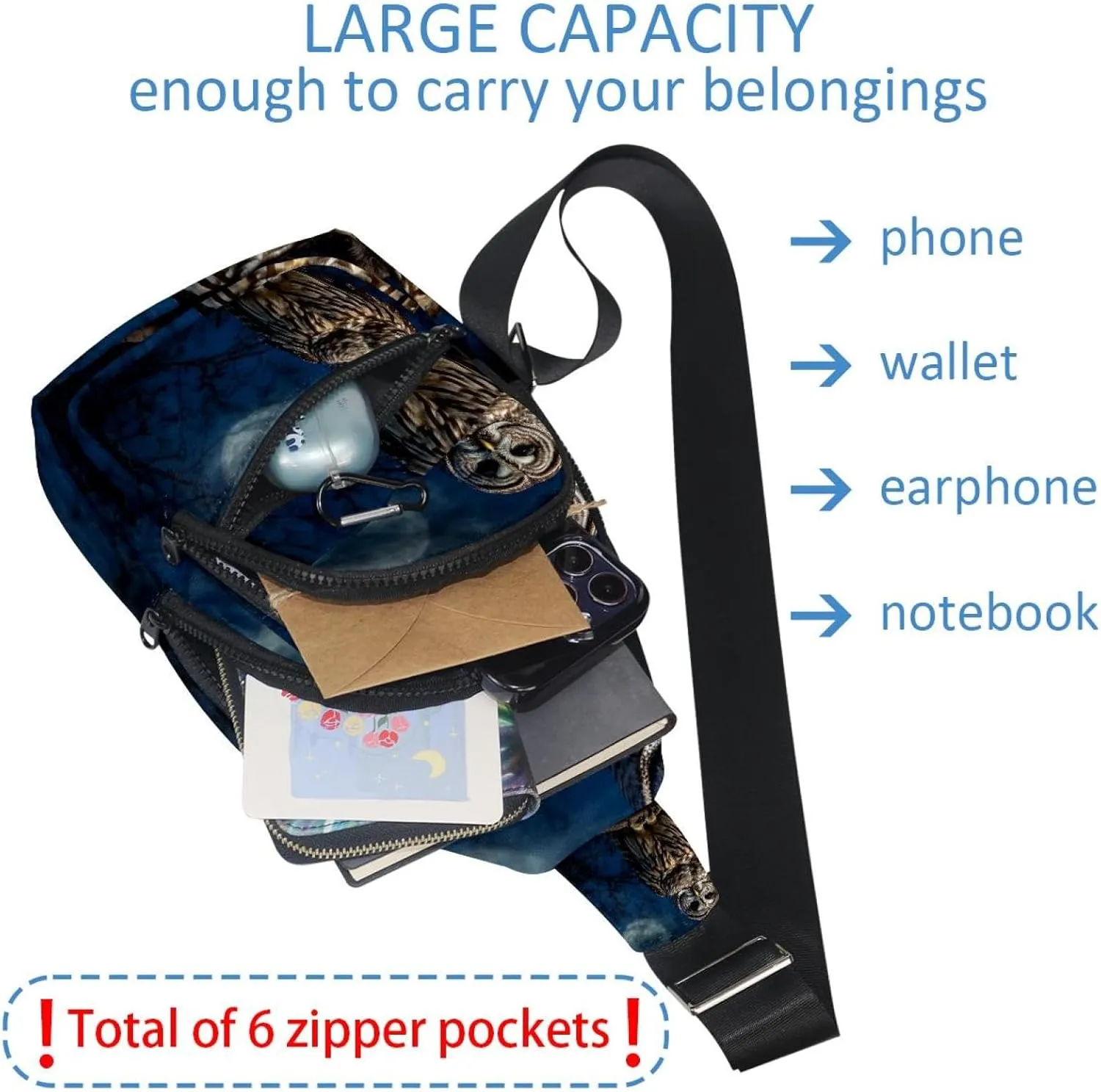 Barred Owl Sits Motionless in the Blue Moonlight Sling Backpack, Adjustable Crossbody Shoulder Bag Travel Hiking Daypack