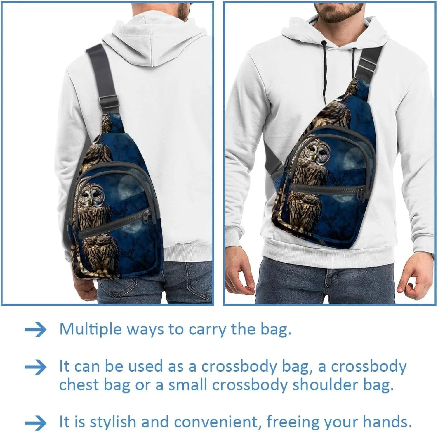 Barred Owl Sits Motionless in the Blue Moonlight Sling Backpack, Adjustable Crossbody Shoulder Bag Travel Hiking Daypack