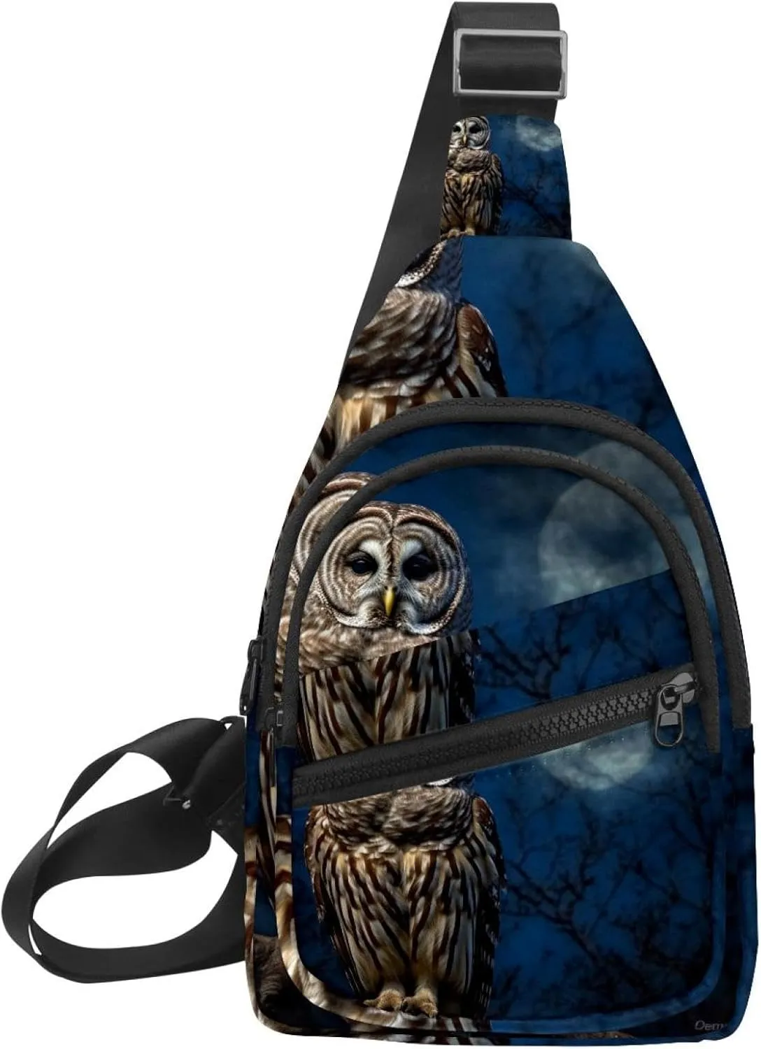 Barred Owl Sits Motionless in the Blue Moonlight Sling Backpack, Adjustable Crossbody Shoulder Bag Travel Hiking Daypack