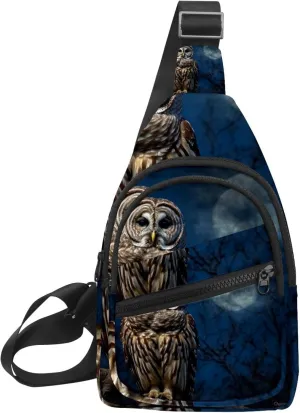 Barred Owl Sits Motionless in the Blue Moonlight Sling Backpack, Adjustable Crossbody Shoulder Bag Travel Hiking Daypack
