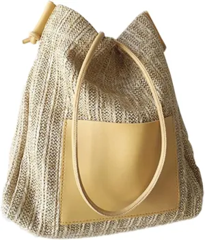 Beach Bag for Women Summer Soft Large Capacity Woven Shoulder Purse Handbag Straw Tote Bag for Travel Vacation Yellow
