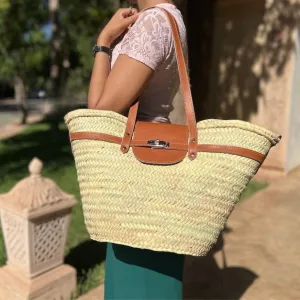 Beach Bag, woven palm leaves, handmade large straw french baskets with leather straps