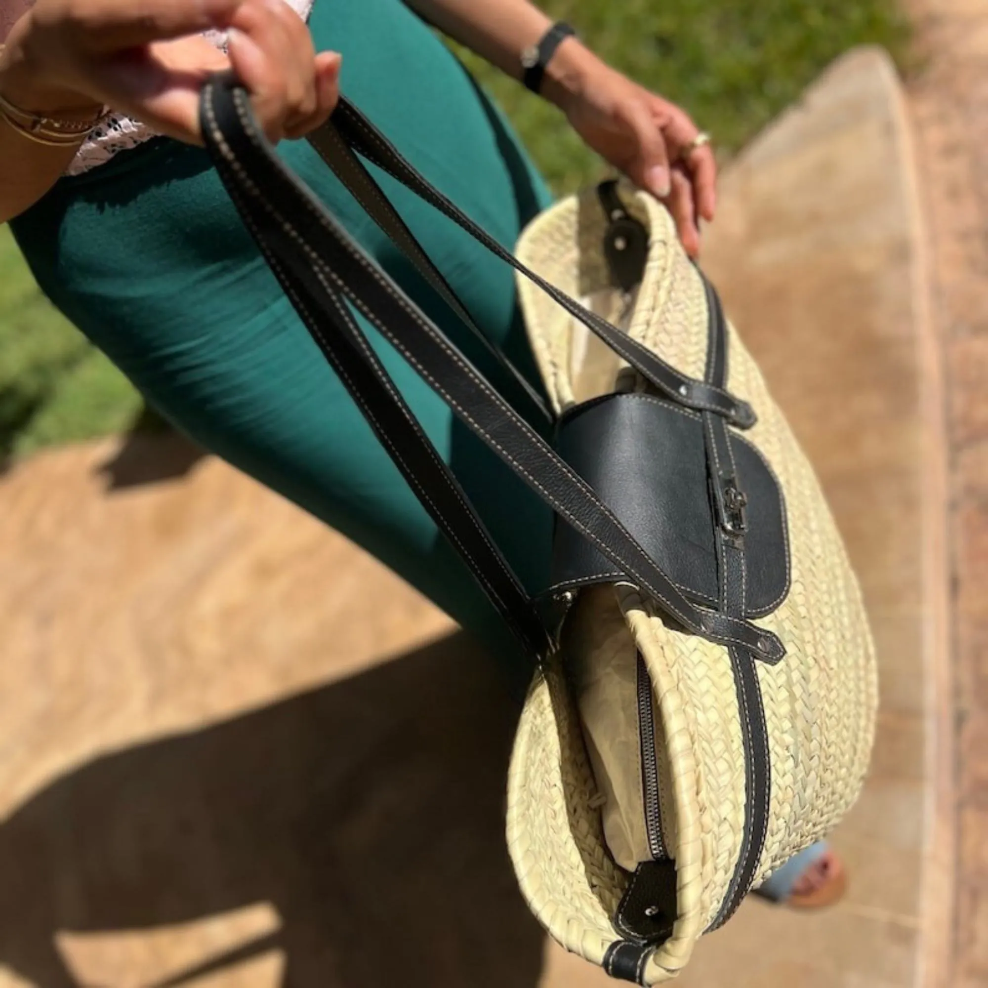 Beach Bag, woven palm leaves, handmade large straw french baskets with leather straps