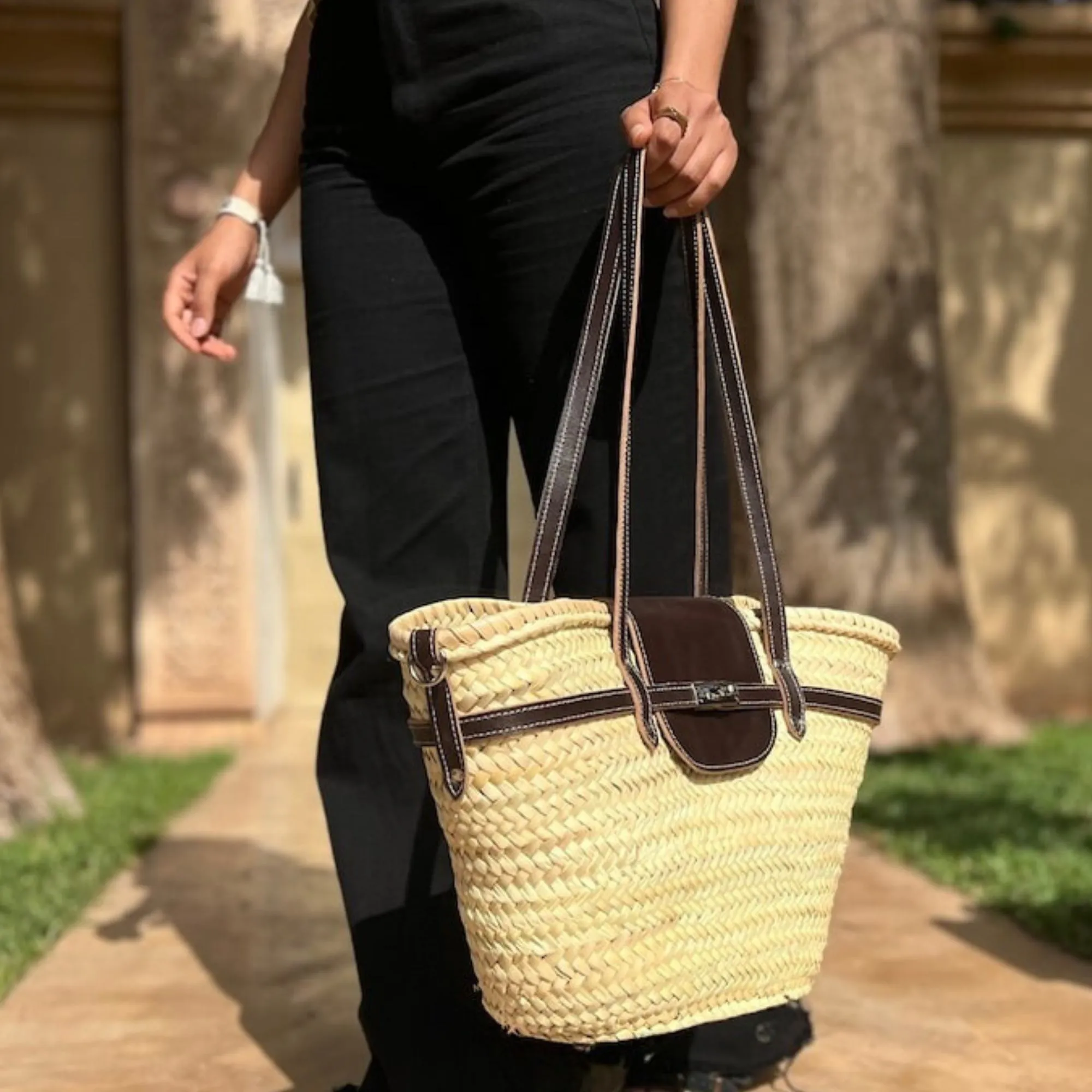 Beach Bag, woven palm leaves, handmade large straw french baskets with leather straps