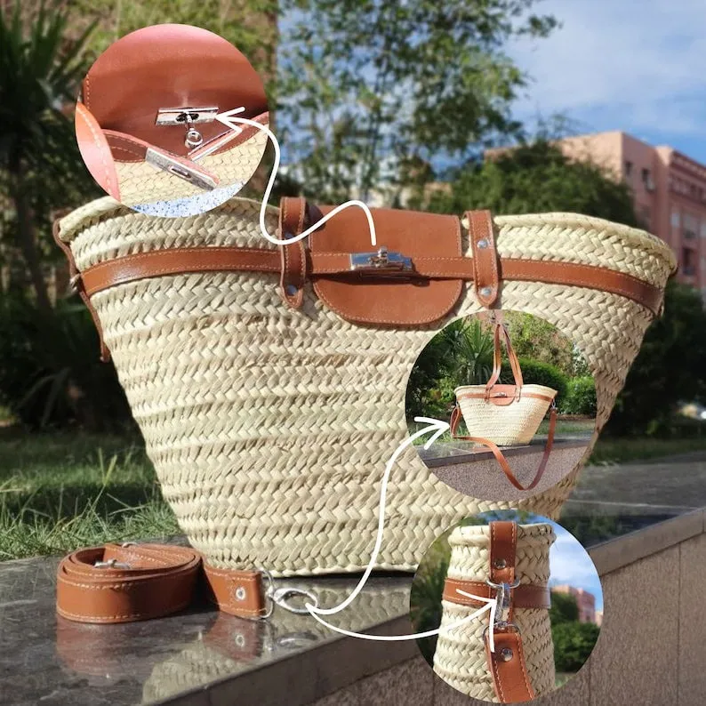 Beach Bag, woven palm leaves, handmade large straw french baskets with leather straps