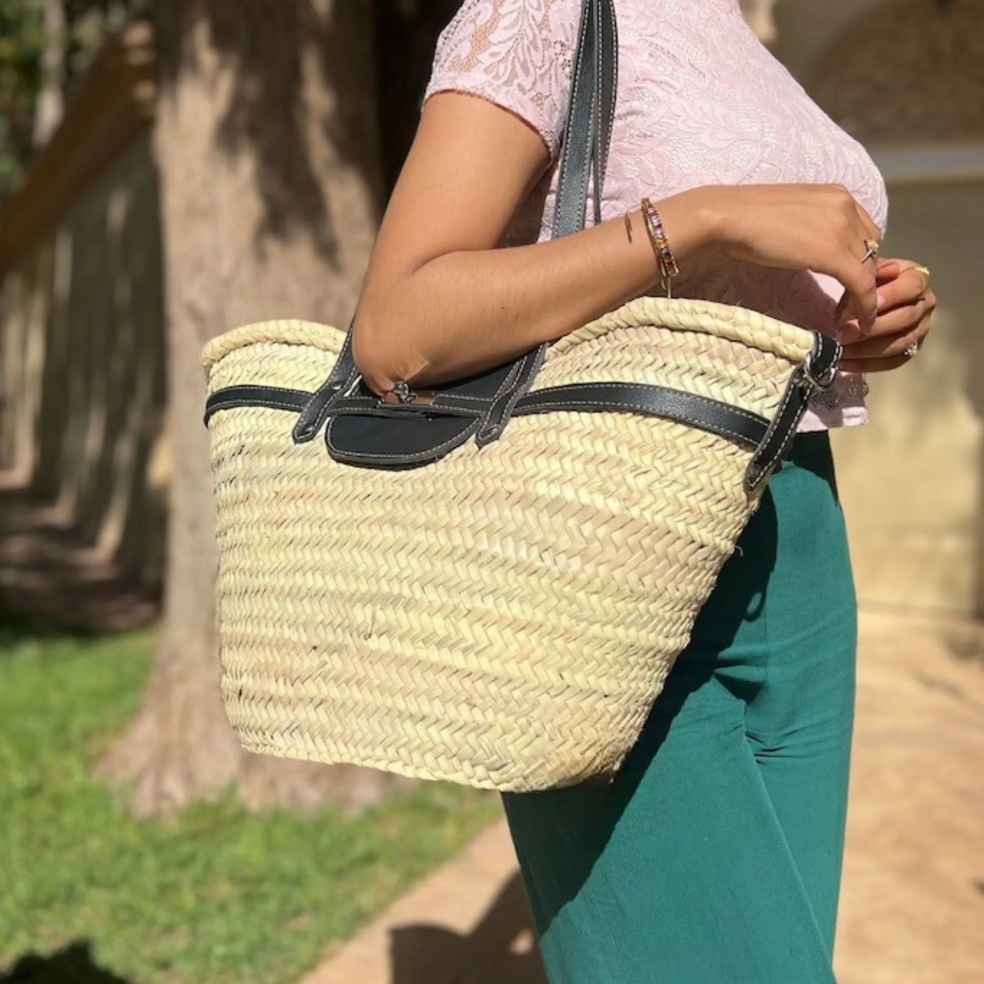 Beach Bag, woven palm leaves, handmade large straw french baskets with leather straps