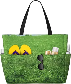 Beach Bags For Women Large Waterproof Sandproof Beach Tote Bag Lightweight Zipper Carry On Bag Green Lawn Pool Bag For Gym Travel Vocation