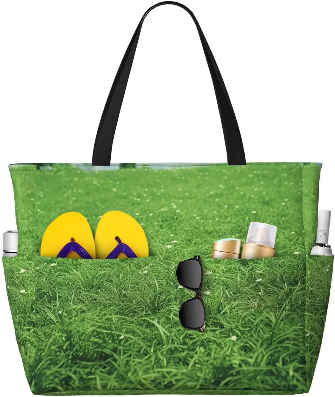 Beach Bags For Women Large Waterproof Sandproof Beach Tote Bag Lightweight Zipper Carry On Bag Green Lawn Pool Bag For Gym Travel Vocation