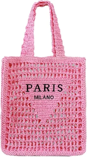 Beach Mesh Tote Bag for Women Hollow Embroidery Straw Bag Large Woven Handbag Shoulder Bag Summer Mesh Straw Beach Bags Purse