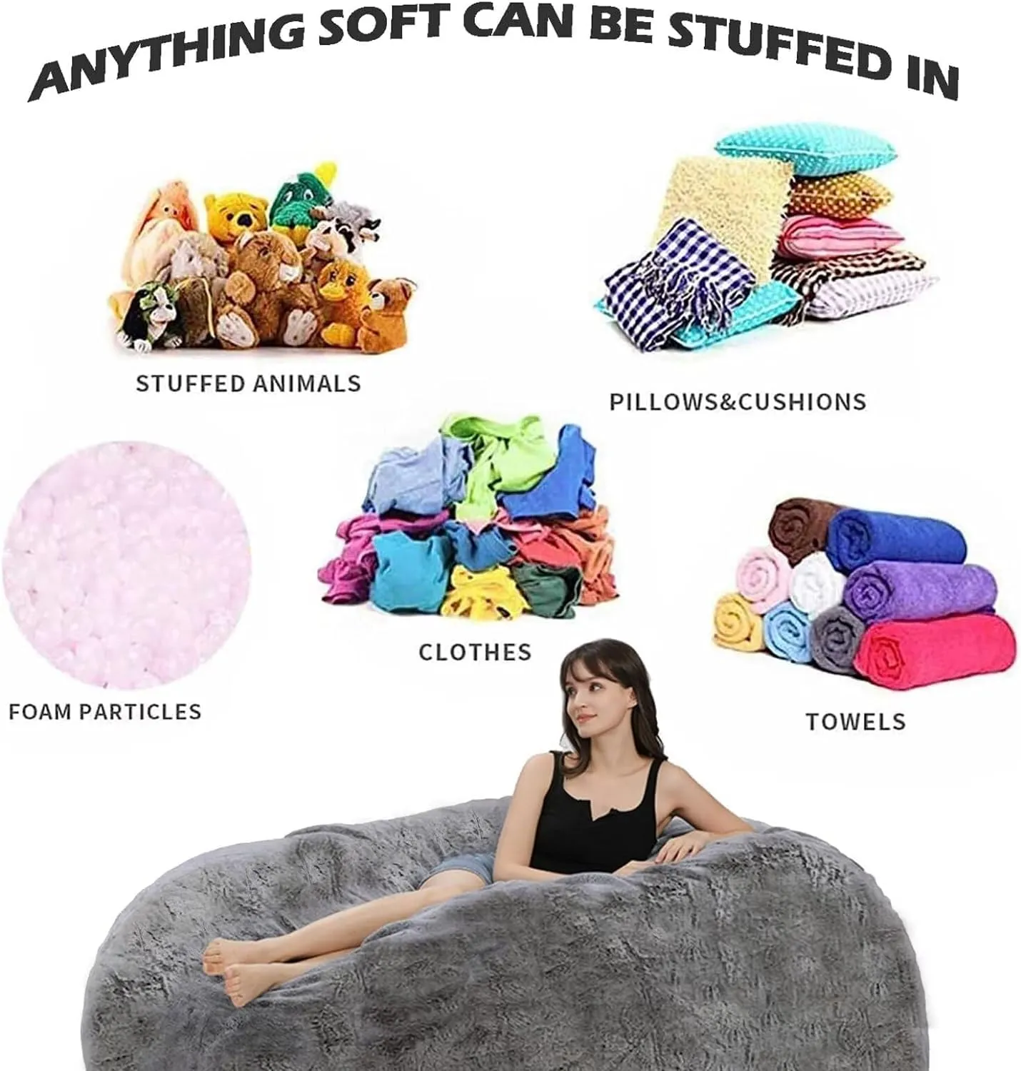 Bean Bag,Big Huge Giant Bean Bag Chair for Adults, (No Filler) Bean Bag Chair for Adults Kids Comfy Fluffy Giant Round Beanbag Lazy Sofa Cover- Machine Washable Covers, Double Stitched Seams