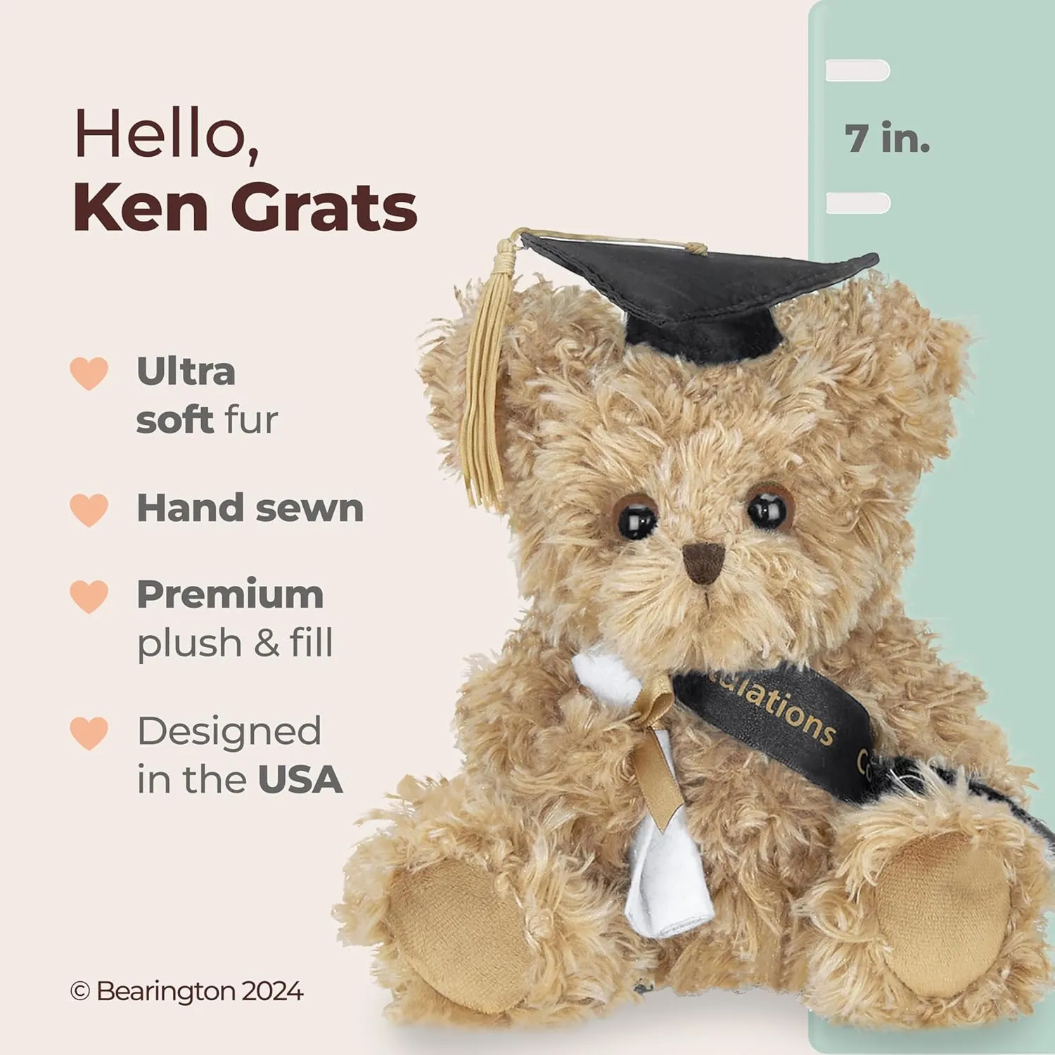 Bearington Collection Ken Grats Graduation Plush Teddy Bear Stuffed Animal, Black Cap, 7 Inch