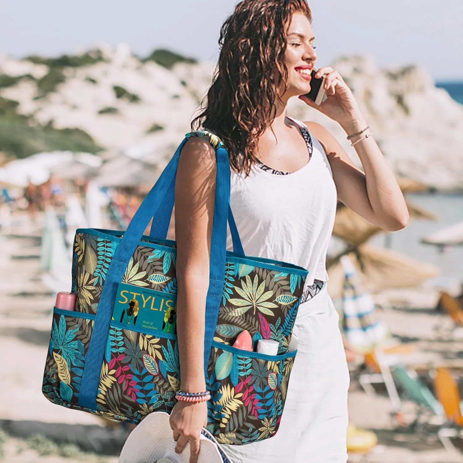 Becokan Beach Bags for Women Large Beach Tote Bag with Zipper Pockets Beach Bag Waterproof Sandproof Travel Nurse Tote Bag