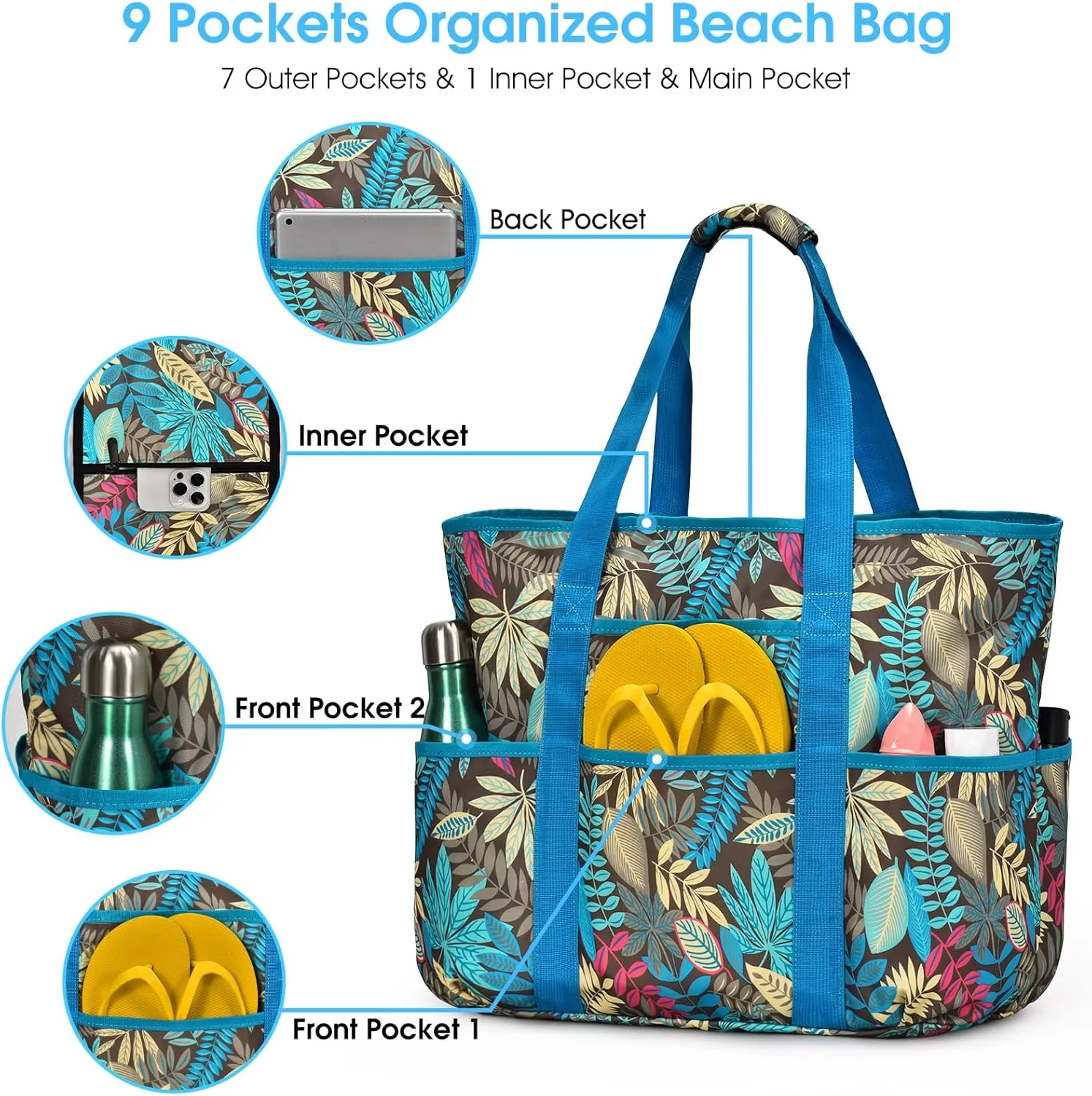 Becokan Beach Bags for Women Large Beach Tote Bag with Zipper Pockets Beach Bag Waterproof Sandproof Travel Nurse Tote Bag
