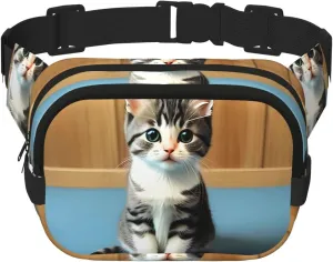 Bedroom kitten Fitness travel shoulder bag, fashionable and casual waist bag, square double-layer waist bag