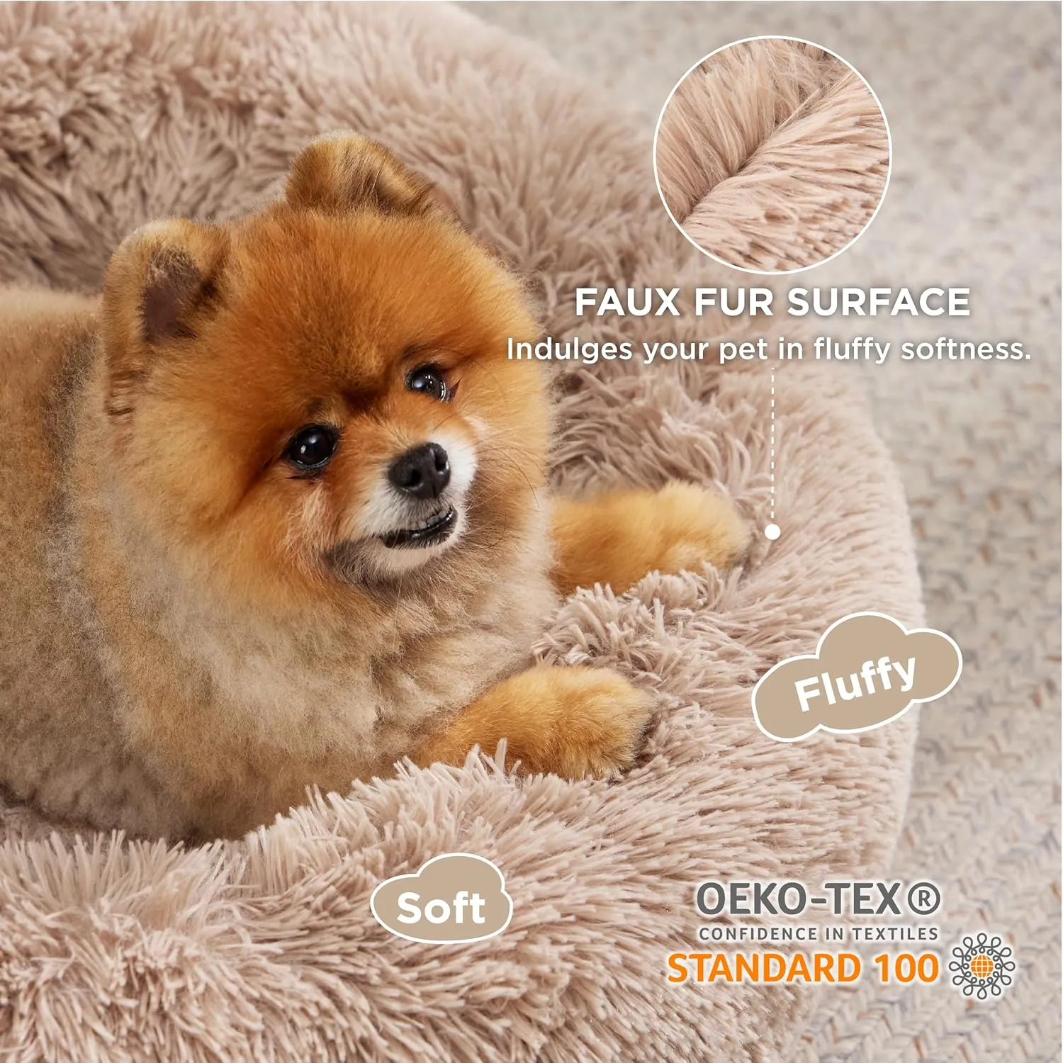 Bedsure Calming Dog Bed for Small Dogs - Donut Washable Small Puppy Bed, 23 inches Anti-Slip Round Fluffy Plush Faux Fur Large Cat Bed, Fits up to 25 lbs Pets, Camel
