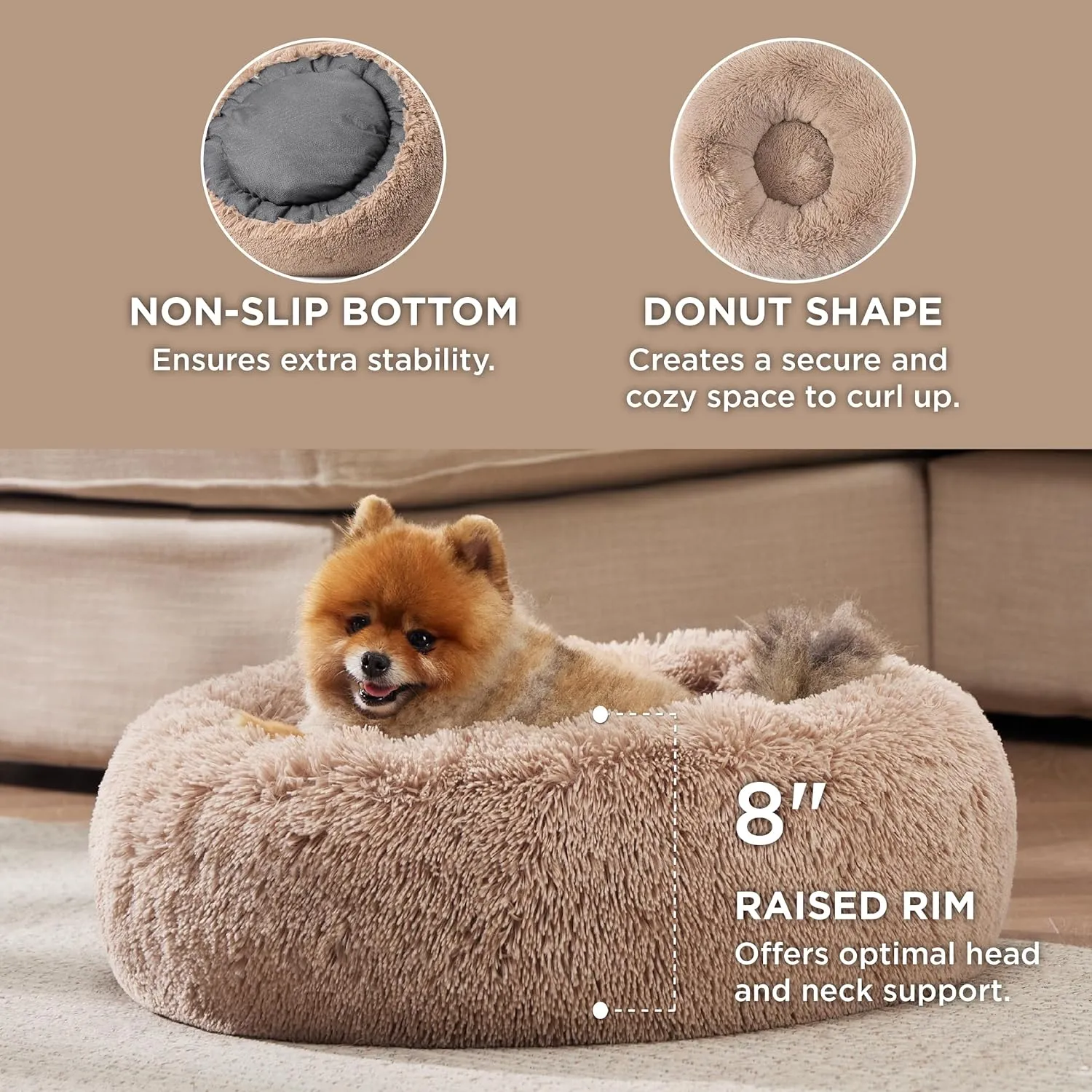 Bedsure Calming Dog Bed for Small Dogs - Donut Washable Small Puppy Bed, 23 inches Anti-Slip Round Fluffy Plush Faux Fur Large Cat Bed, Fits up to 25 lbs Pets, Camel