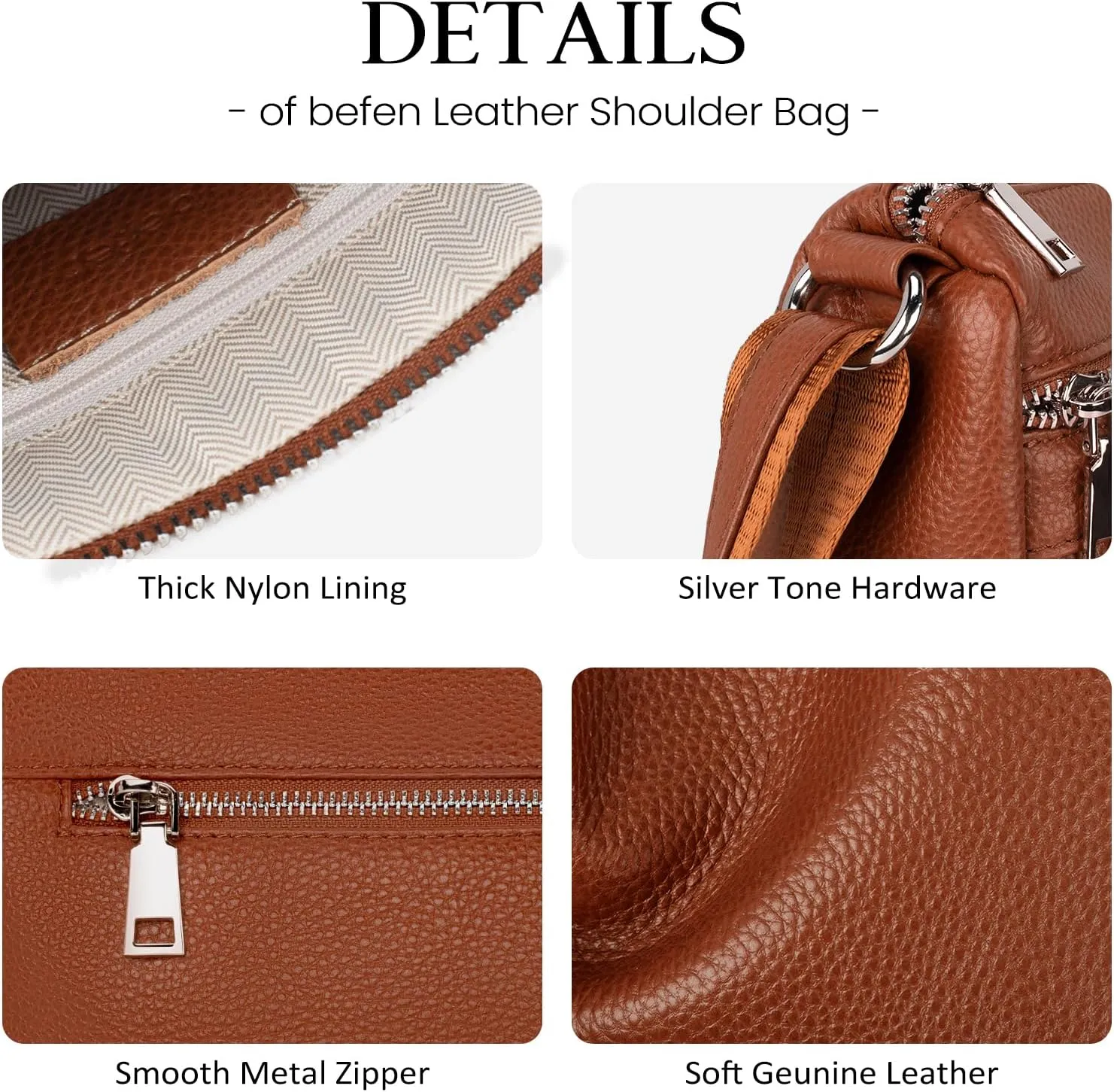 befen Genuine Leather Crossbody Purses for Women, Woman Medium Pocketbooks Shoulder Bags Handbags with Multi Zipper Pockets