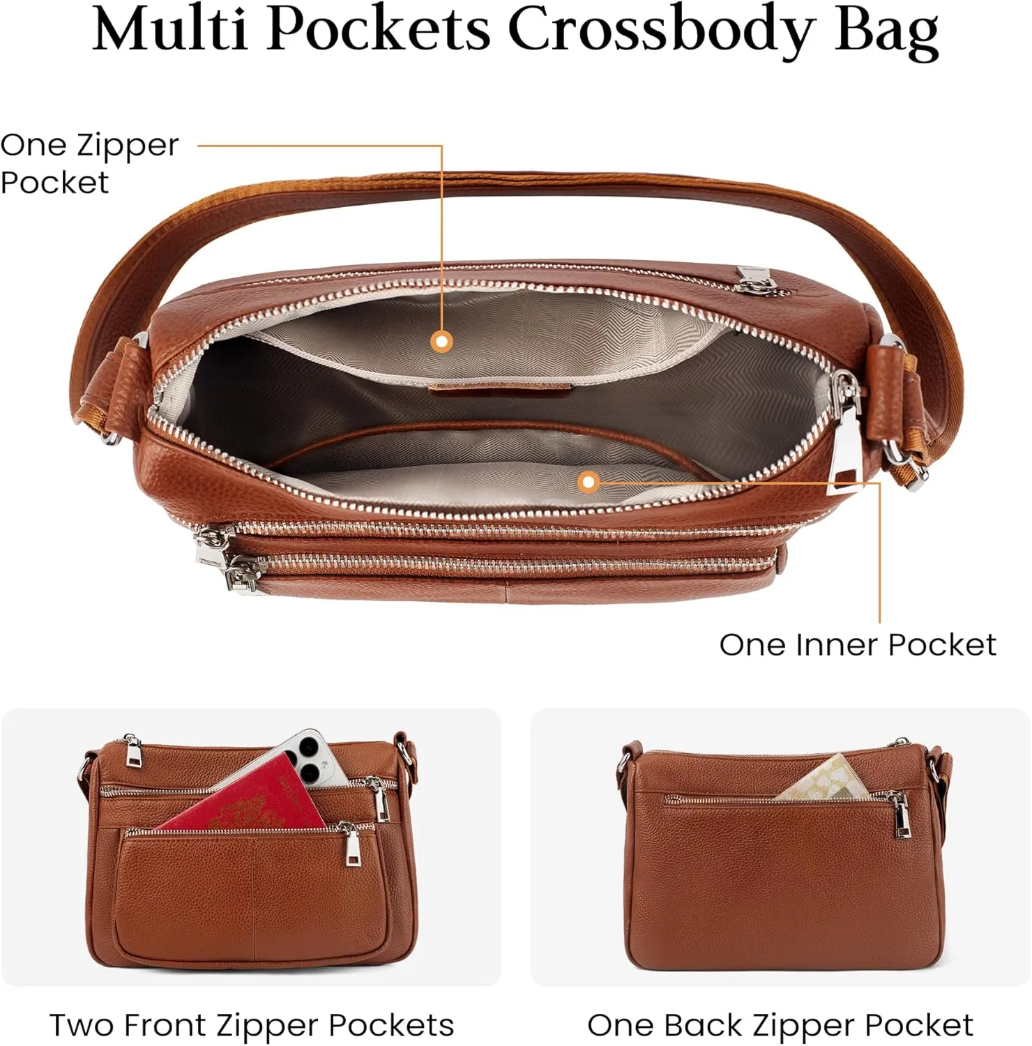 befen Genuine Leather Crossbody Purses for Women, Woman Medium Pocketbooks Shoulder Bags Handbags with Multi Zipper Pockets