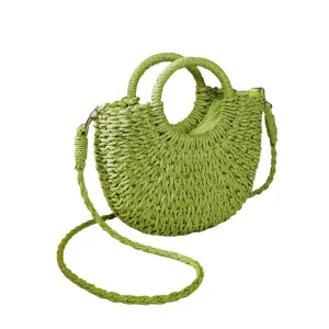 Beige Half Moon Straw Tote Woven Beach Bag