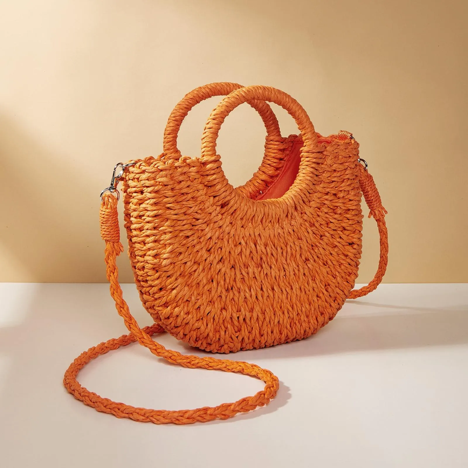 Beige Half Moon Straw Tote Woven Beach Bag